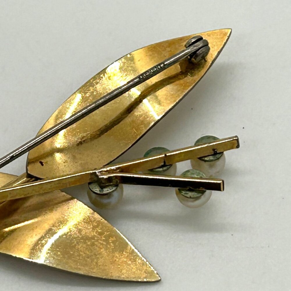 Vintage Krementz Brooch Pin Gold-Tone Leaf & Faux Pearl Floral 1.5 inch - Picture 12 of 16